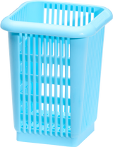 A light blue, rectangular plastic basket with vertical and horizontal slats forming open sides. Ideal as a silverware basket or replacement wire rack, it has rounded edges, a slightly flared rim, and a square base for simple, functional use.