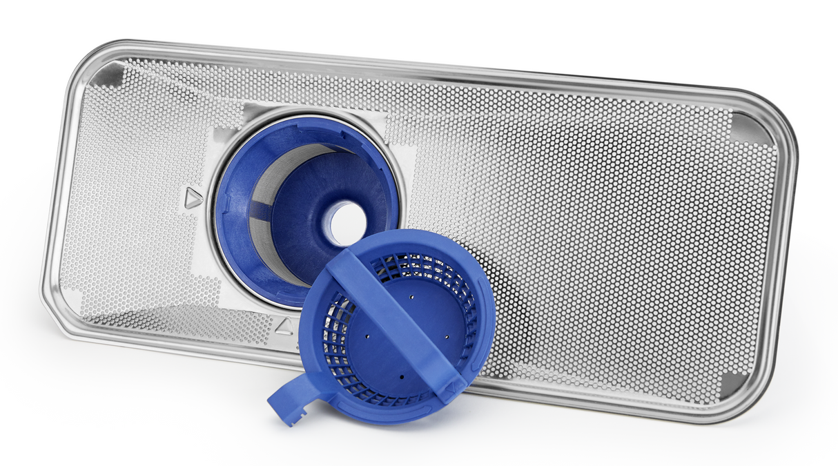 A rectangular metal mesh dishwasher filter with rounded corners sits beside a blue cylindrical plastic component with a handle, both clean and uninstalled—perfect for replacing filters in an undercounter dishwasher.