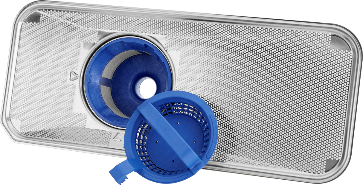 A silver rectangular dishwasher filter with a fine mesh screen is shown. In front, a round blue plastic filter component with a handle is detached, revealing its mesh interior—parts typical of an undercounter dishwasher on a white background.