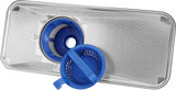 A silver rectangular dishwasher filter with a fine mesh screen is shown. In front, a round blue plastic filter component with a handle is detached, revealing its mesh interior—parts typical of an undercounter dishwasher on a white background.