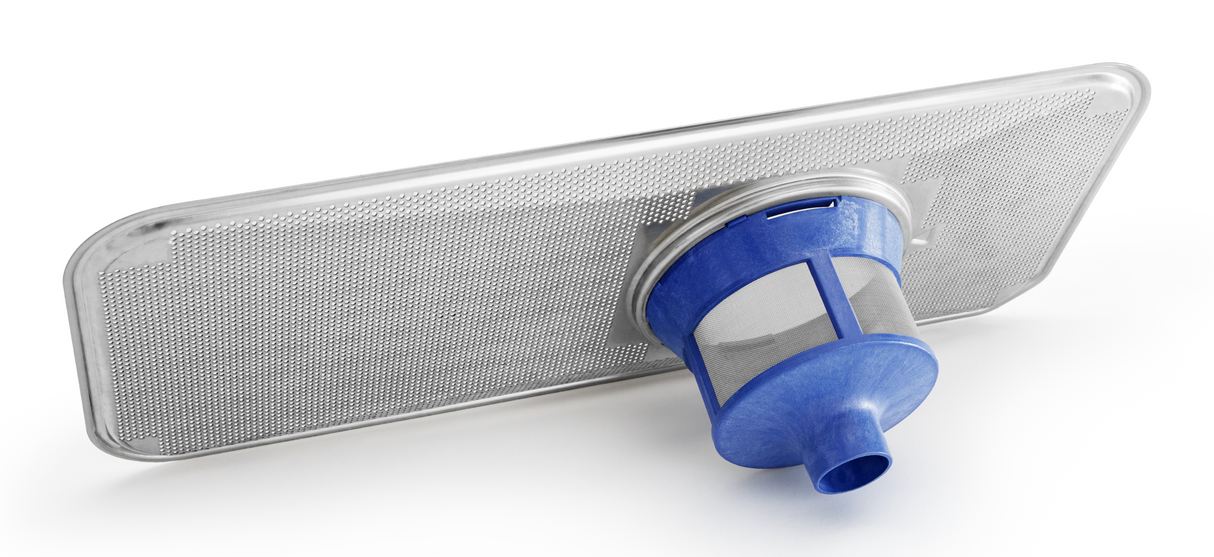 A close-up of a rectangular metal mesh filter with a circular blue plastic attachment in the center, commonly used in an undercounter dishwasher, featuring a funnel-like opening and fine mesh sides, photographed on a white background.