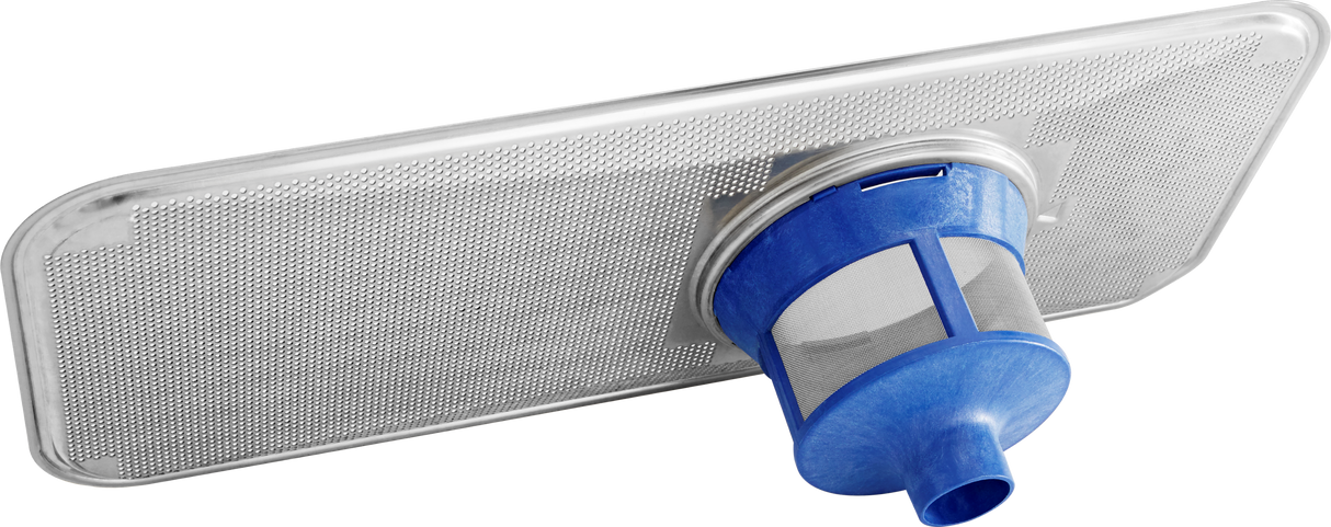A rectangular metal mesh dishwasher filter with rounded corners is attached to a blue cylindrical plastic housing that contains a fine mesh screen and spout, designed for use in an undercounter dishwasher with high temperature sanitizing.
