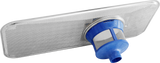 A rectangular metal mesh dishwasher filter with rounded corners is attached to a blue cylindrical plastic housing that contains a fine mesh screen and spout, designed for use in an undercounter dishwasher with high temperature sanitizing.