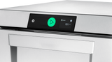 Close-up of an LXn Dishwasher, an undercounter dishwasher with a stainless steel finish. Its black digital control panel displays a green-lit play button, “READY,” Wi-Fi symbol, and high temperature sanitizing at 151°F. The handle sits just below.
