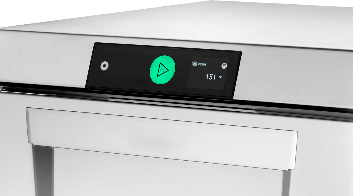 A close-up of a modern stainless steel undercounter dishwasher door featuring smart touchscreen controls. The display shows a large green illuminated play button, the word READY, a Wi-Fi symbol, and the temperature reading 151°F.