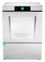 A commercial undercounter dishwasher with a front-loading door, digital control panel showing a play button and temperature for high temperature sanitizing, and the brand name “Hobart” embossed on the door. A blue certification sticker is on the lower left corner.