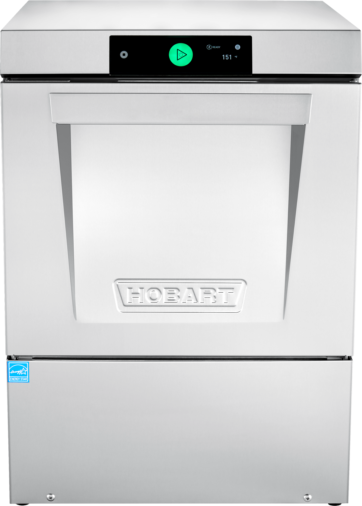 A front view of a stainless steel Hobart undercounter dishwasher. The machine features a large handle, smart touchscreen controls with a green power button, and a blue certification label on the lower left. The Hobart logo is embossed in the center.