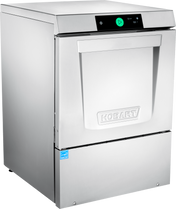 A stainless steel Hobart undercounter dishwasher with a sleek design, front handle, digital control panel with smart touchscreen controls, and a blue certification sticker on the lower front corner ensures high temperature sanitizing.
