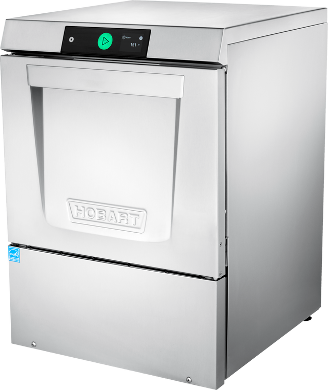 A commercial stainless steel Hobart LXn Dishwasher is shown. This undercounter dishwasher features a large front-loading door with the Hobart logo and a digital control panel with a green triangular start button, offering sleek design and high temperature sanitizing.