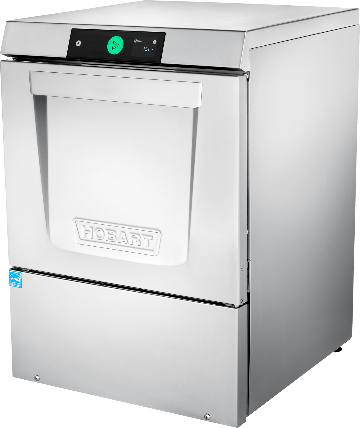 A stainless steel Hobart undercounter dishwasher with a front-loading door, top control panel featuring a green triangle button, digital display, and “HOBART” embossed on the door. Sleek design, blue certification sticker, and high temperature sanitizing.