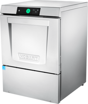 A stainless steel Hobart undercounter dishwasher with a front-loading door, top control panel featuring a green triangle button, digital display, and “HOBART” embossed on the door. Sleek design, blue certification sticker, and high temperature sanitizing.
