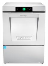 A stainless steel Hobart undercounter dishwasher with a large front door, digital display showing 151, and a green power button. The brand name is etched on the door, and a blue certification sticker is visible on the lower left. Features high temperature sanitizing.