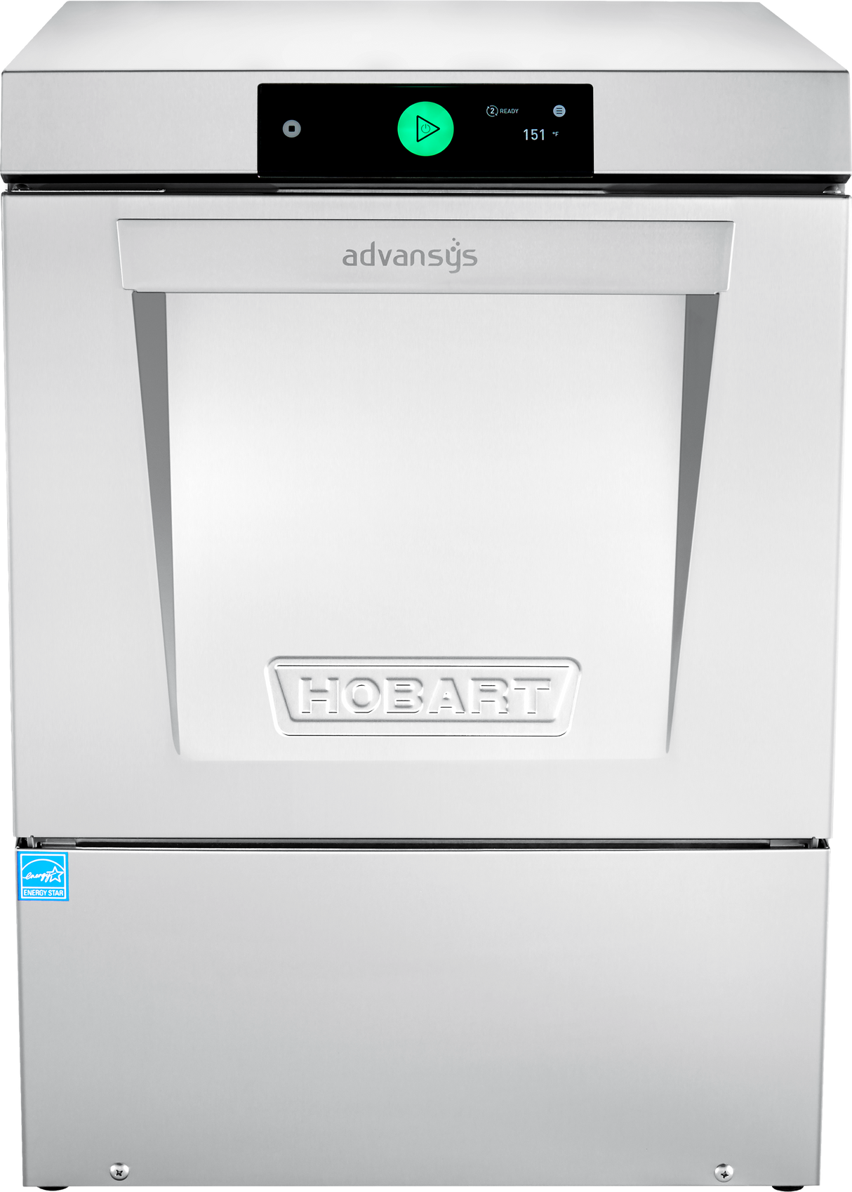 A commercial stainless steel Hobart undercounter dishwasher with a digital control panel showing a green start button and temperature display. The front features a large handle, embossed “HOBART” logo, and high temperature sanitizing certification sticker.