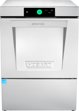 A stainless steel Hobart Advansys Dishwasher with a handle, digital display, and green start button. This undercounter dishwasher features clean, modern lines, the embossed logo on the front panel, and high temperature sanitizing for reliable cleaning.