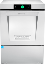 A stainless steel Hobart LXe Advansys Dishwasher with a digital control panel displaying a green start button and the number 151. The undercounter dishwasher has a prominent handle, HOBART embossed on the front, and a blue certification sticker in the lower left corner.