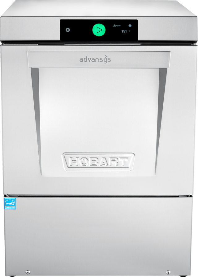 A stainless steel Hobart LXe Advansys Dishwasher with a digital control panel displaying a green start button and the number 151. The undercounter dishwasher has a prominent handle, HOBART embossed on the front, and a blue certification sticker in the lower left corner.