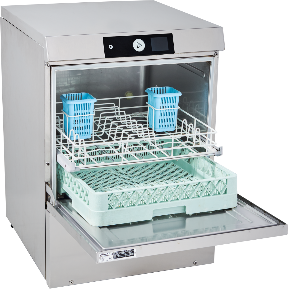 A stainless steel undercounter dishwasher with its door open, revealing two blue plastic baskets on the upper rack and a mint green tray below. The control panel with buttons and a screen is visible at the top front for high temperature sanitizing.
