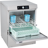 A stainless steel undercounter dishwasher laboratory glassware washer with its door open displays two blue plastic holders on the top rack and a green basket below. The control panel and display screen are located above the high temperature sanitizing compartment.