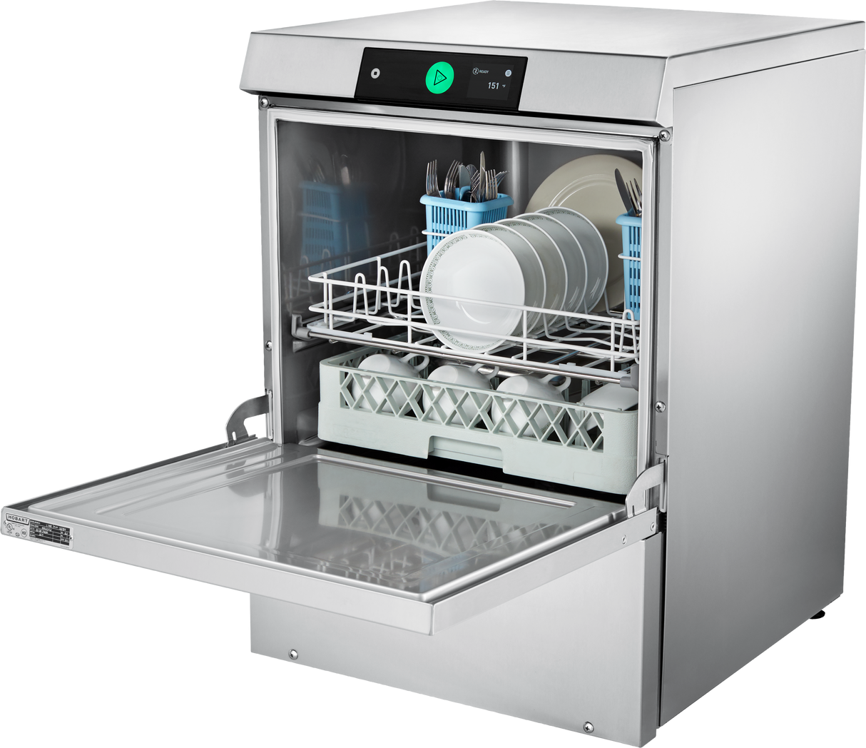 A commercial stainless steel dishwasher with its door open, displaying clean white plates, bowls, and cutlery organized in silverware baskets and racks inside. The control panel on top has a green button and a digital display showing numbers.