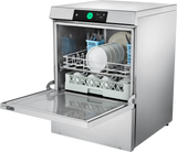A commercial stainless steel dishwasher with its door open, displaying clean white plates, bowls, and cutlery organized in silverware baskets and racks inside. The control panel on top has a green button and a digital display showing numbers.