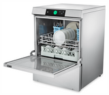 A commercial stainless steel undercounter dishwasher with the door open displays clean plates, bowls, and cutlery organized in racks. The control panel above shows a green power button and digital display. The interior is clean, well-lit, and features high temperature sanitizing.