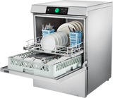 A commercial stainless steel dishwasher with its door open, revealing clean white plates, bowls, cups, and silverware neatly arranged in Hobart two level racks and silverware baskets. The digital display at the top shows green buttons and a wash cycle status.