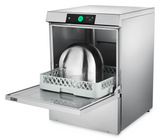 A stainless steel undercounter dishwasher with the front door open. Inside, a grey plastic rack holds a large, shiny metal mixing bowl. The digital control panel displays a green button and numbers. This high temperature sanitizing machine sits on a white background.