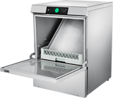 A commercial stainless steel undercounter dishwasher with its front door open, revealing a tilted interior and plastic dish rack. The control panel above features a green button and digital indicators. This modern design ensures high temperature sanitizing for spotless results.