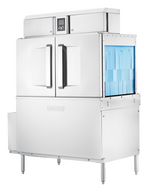 A large, industrial high capacity dishwasher with two vertical handles, a digital control panel on top, and blue plastic dividers visible through a side opening; the unit stands on four metal legs.