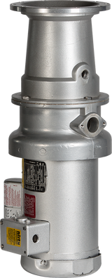 A cylindrical, metallic Hobart industrial valve assembly, silver in color, with multiple flanges and ports, attached labels with specifications, and a mounted yellow and white control box near the base. Features a smooth surface and 1-1/4 HP motor.