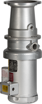 A cylindrical industrial metal disposer with a silver finish, featuring various ports, flanges, and bolted sections. Warning and information labels appear on the lower section, along with a small attached rectangular unit at the base and a 3/4 HP motor by Hobart.