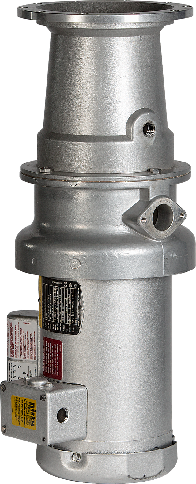 A cylindrical industrial metal disposer with a silver finish, featuring various ports, flanges, and bolted sections. Warning and information labels appear on the lower section, along with a small attached rectangular unit at the base and a 3/4 HP motor by Hobart.