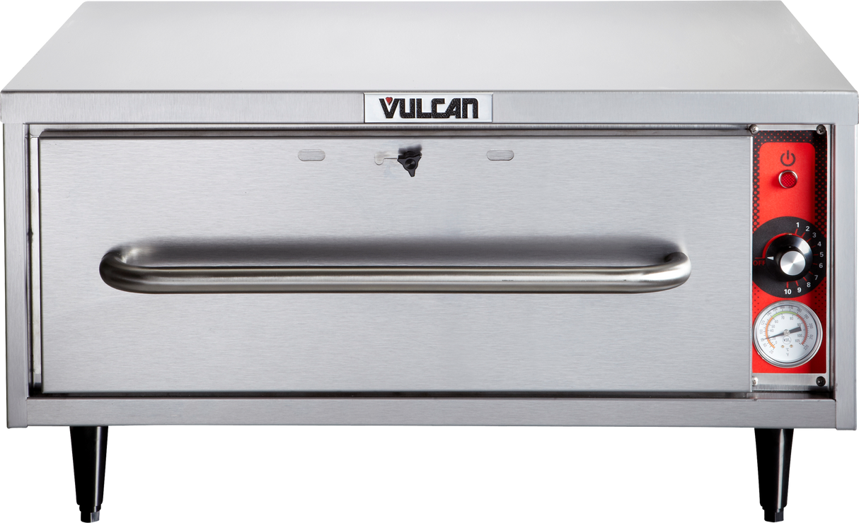 A stainless steel commercial oven with the brand name Vulcan on the front features a large horizontal handle, red side panel with thermostat controls, timer, and temperature gauge. The unit stands on black legs.