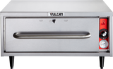 A stainless steel commercial oven with the brand name Vulcan on the front features a large horizontal handle, red side panel with thermostat controls, timer, and temperature gauge. The unit stands on black legs.
