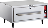 A commercial Vulcan countertop oven with a stainless steel exterior, large horizontal handle on the front-loading door, black legs, thermostat controls, red accent panel, and temperature gauge on the right side of the appliance.