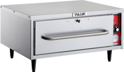 A commercial Vulcan countertop oven with a stainless steel exterior, large horizontal handle on the front-loading door, black legs, thermostat controls, red accent panel, and temperature gauge on the right side of the appliance.