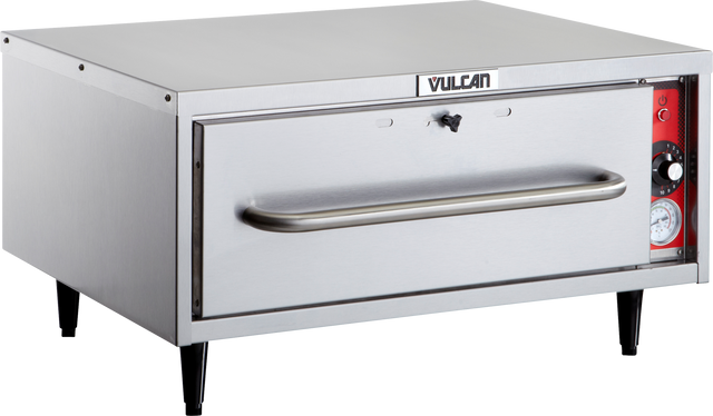 A commercial Vulcan countertop oven with a stainless steel exterior, large horizontal handle on the front-loading door, black legs, thermostat controls, red accent panel, and temperature gauge on the right side of the appliance.