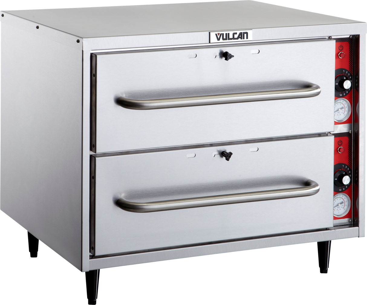 A commercial stainless steel double-deck oven with individual thermostat controls, two horizontal handles, control knobs, and temperature gauges on the right panel, labeled “Vulcan” at the top, standing on four black legs.