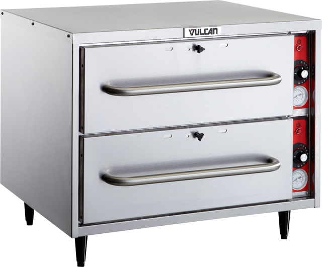 A commercial stainless steel double-deck oven with individual thermostat controls, two horizontal handles, control knobs, and temperature gauges on the right panel, labeled “Vulcan” at the top, standing on four black legs.