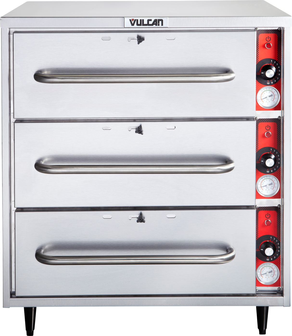 A free standing stainless steel Vulcan warming drawer unit with three horizontal drawers. Each drawer has a handle, and the right side features red control panels with knobs and temperature gauges for each warming drawer. The unit stands on four black legs.