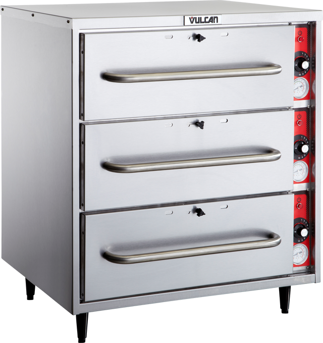 A free standing stainless steel commercial warming drawer unit with three horizontal drawers, each featuring a long handle. The right side displays red control panels with multiple knobs and dials. The Vulcan brand name is visible at the top front.