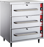 A commercial stainless steel warming drawer cabinet with three pull-out drawers, each featuring long horizontal handles. The right side has individual thermostat controls and indicators. The Vulcan brand name is displayed on the top front.
