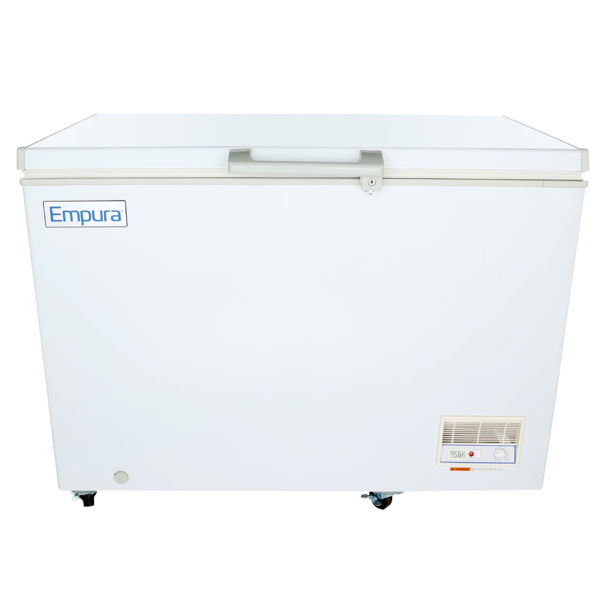 A white Empura commercial kitchen freezer with a solid lid, front handle, control panel with temperature dial and indicator lights on the lower right, ventilation grates, and caster wheels. The Empura logo appears on the upper left.