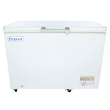 A white Empura commercial kitchen freezer with a solid lid, front handle, control panel with temperature dial and indicator lights on the lower right, ventilation grates, and caster wheels. The Empura logo appears on the upper left.