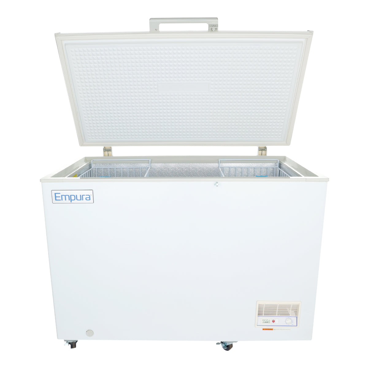 A white chest freezer with the lid open reveals a spacious interior and removable wire baskets. Ideal as a commercial kitchen freezer, it features a solid lid, front control panel, Empura branding, wheels for mobility, and a textured inner lid.