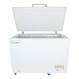 A white chest freezer with the lid open reveals a spacious interior and removable wire baskets. Ideal as a commercial kitchen freezer, it features a solid lid, front control panel, Empura branding, wheels for mobility, and a textured inner lid.