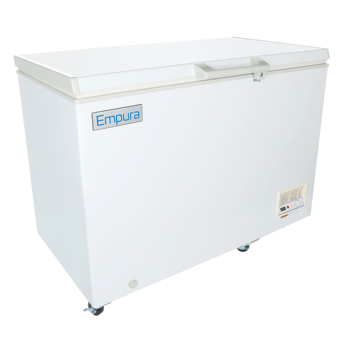 A large, white Empura solid lid freezer with a flat lid is shown on four wheels. The Empura logo is on the front, and there is a small control panel with buttons and indicator lights at the bottom right corner. Simple, clean design.