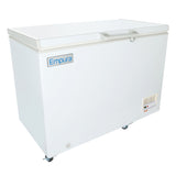 A large, white Empura solid lid freezer with a flat lid is shown on four wheels. The Empura logo is on the front, and there is a small control panel with buttons and indicator lights at the bottom right corner. Simple, clean design.