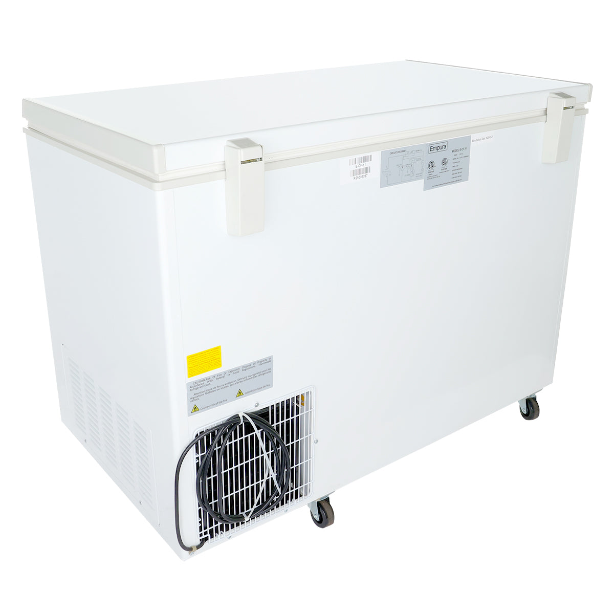 A large white chest freezer with a solid lid, two handles, and casters for mobility. The front has a vented panel, coiled power cord, and safety labels. Its plain exterior makes it ideal as a commercial kitchen freezer with an industrial style.