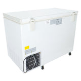 A large white chest freezer with a solid lid, two handles, and casters for mobility. The front has a vented panel, coiled power cord, and safety labels. Its plain exterior makes it ideal as a commercial kitchen freezer with an industrial style.